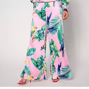 Studio Park Parrot Resort Pants size S Flowy satin Wide Leg